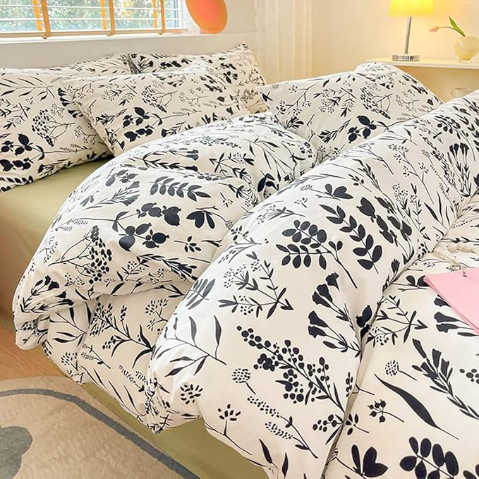 CLOTHKNOW White Black Comforter Set California King Black Floral Bedding Comforter Sets White Boho Bedding Sets Black Flowers Bed Comforter Sets