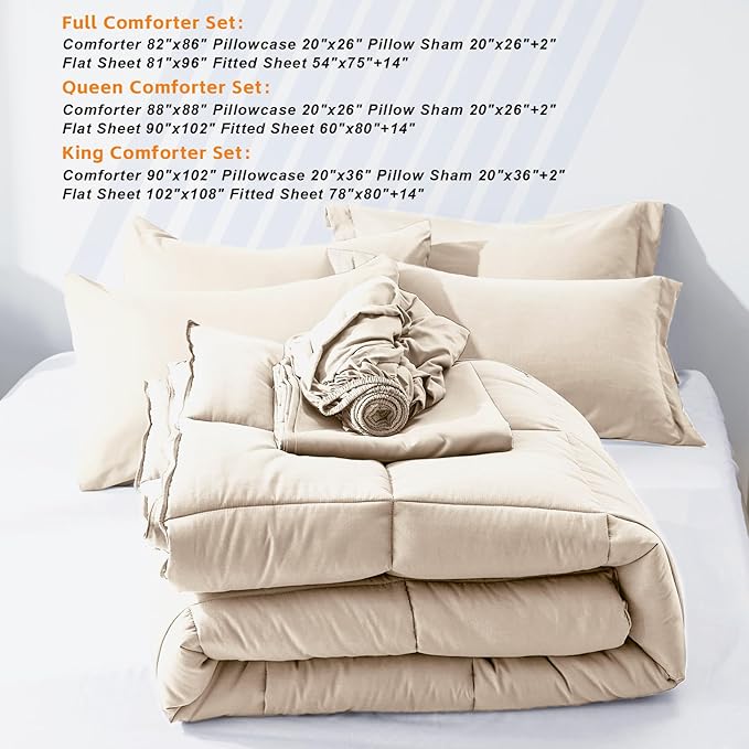 COZYART Queen Comforter Set 7 Pcs, Beige Bed in a Bag, All Season Lightweight Soft Reversible Bedding Set, 1 Comforter, 1 Flat Sheet, 1 Fitted Sheet, 2 Pillow Shams, 2 Pillowcases