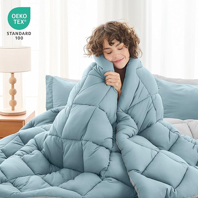 MUXHOMO 5 Pieces Twin XL Comforter Set, Reversible Bed in a Bag Twin XL Size, All Season Bedding Set with Comforter, Flat Sheet, Fitted Sheet, Pillowcases & Shams, Greyish Blue & Light Grey