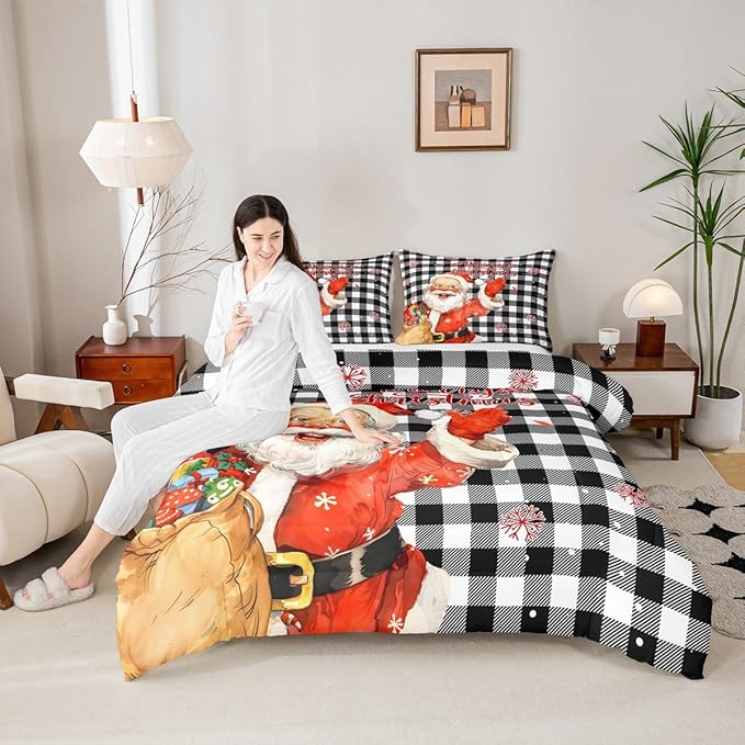 Merry Christmas Comforter Set King Size,Black White Plaid Bedding Set 3Pcs for Kids Boys Teens Girls Room Decor,Cartoon Santa Claus Quilt Set Cute Winter Snowflake Duvet Insert,2 Pillowcases