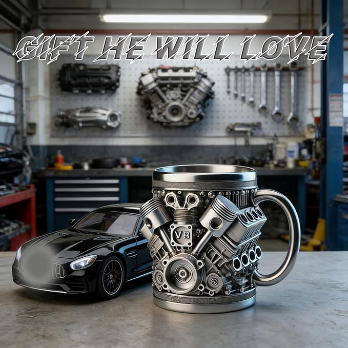 V8 Engine Coffee Mug, V8 Coffee Mug for Car Enthusiast, V8 Engine Mug Stainless Steel Cup Creative Design Decoration (Retro)