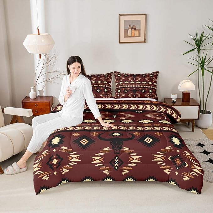 Feelyou Brown Western Aztec Decor Comforter Set Southwestern King Size Bedding Set Exotic Bull Skull Duvet Quilt Ethnic Tribal Bedroom Decor