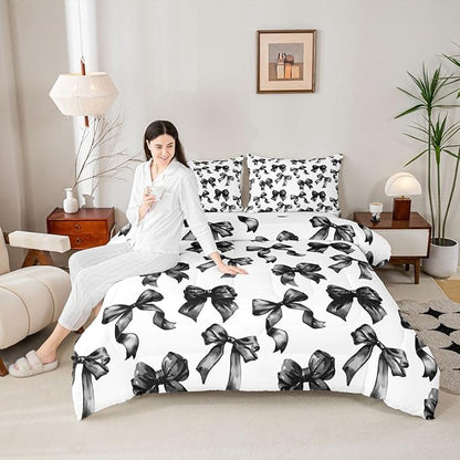 Erosebridal Bow Comforter Set King Black and White Bowknot Bedding Set for Kids Teen Adults,Modern Simple Fashion Aesthetic Comforter Sets Black Watercolor Butterfly Knot Quilt Duvet