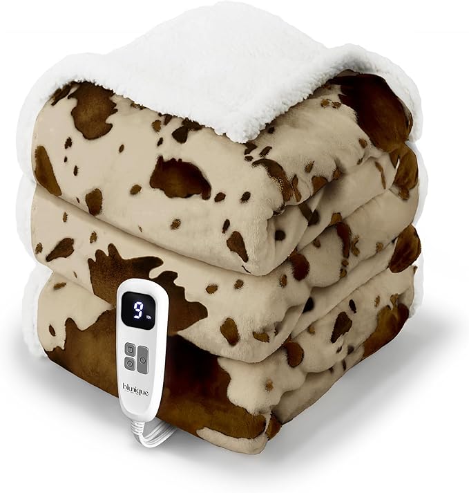 Cow Print Heated Blanket Full-Heating Electric Blanket Full with 10 Heat Levels & 10 Hours Auto-Off, Cozy Soft Fleece Sherpa, Washable, 72 x 84 Inche Cow Print Apricot