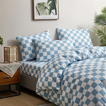 CLOTHKNOW Light Blue White Plaid Twin Comforter Set Grid Bedding Comforter Sets Blue Comforter Soft Lake Blue Comforter Sets Twin