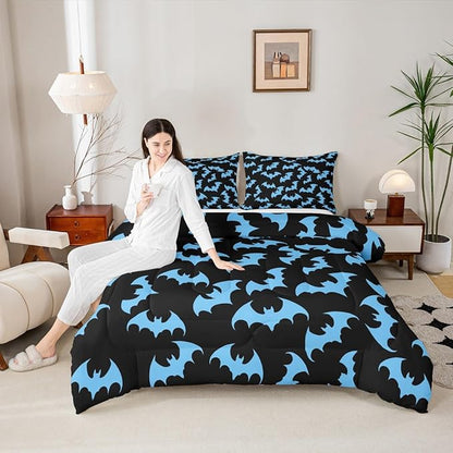 Erosebridal Blue Bat Bedding Set Full Size Halloween Bat Comforter Set Spooky Goth Gothic Animal Bed Sets Horror Halloween Duvet Quilt Sets for Kids Teens Adults