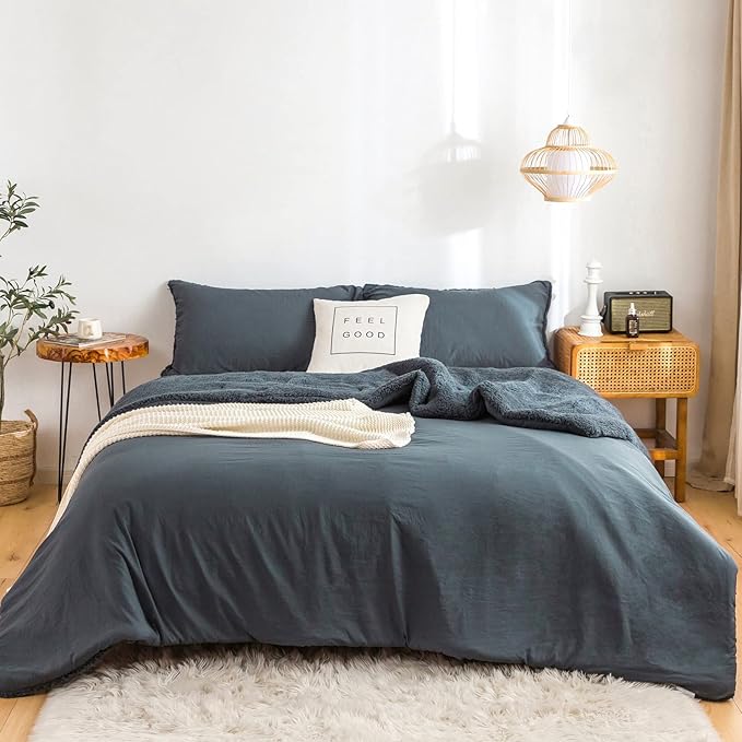 Warmth Queen Comforter Set - Super Soft Fluffy Sherpa Fleece PolyCotton Down Alternative Bedding Blanket Comforter Pillowsham, Plush Medium Weight for Winter Autumn, Dark Dusty Blue Grey Full/Queen