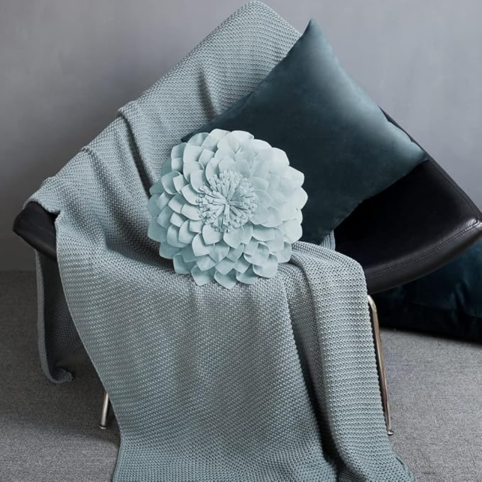 JWH 3D Flower Throw Pillow Cover Decorative Round Cushion Cover Handmade Pillowcase Soft Velvet Pillow Case Bed Couch Living Room 12 Inch Light Blue