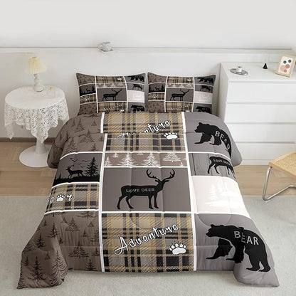 Hunting Bear Comforter Set For Boys, Rustic Cabin Lodge Bedding King Size, Vintage Farmhouse Patchwork Duvet Insert Woodland Animal Adventure Camping Down Comforter 3Pcs With 2 Pillow Cases, Brown