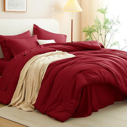 CozyLux Full Size Comforter Set Dark Red, 7 Pieces Bed in a Bag Full Comforter Set with Sheets, Bedding Set with Down Alternative Comforter, Fitted Sheets, Flat Sheets, Pillow Shams and Pillowcases