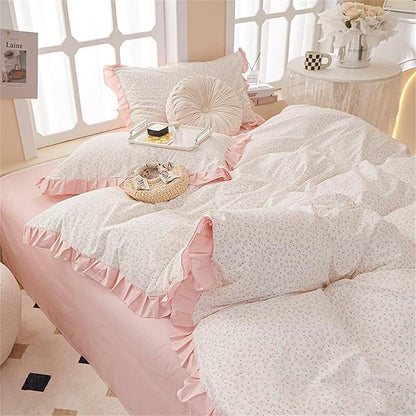 MKXI Twin XL Small Floral Ruffle Comforter Set - 3 Piece Countryside Floral Comforter with Pillow Shams, Reversible White Pink Princess Bedroom Collection, Soft Aesthetic Bedding Set for Teen Girls