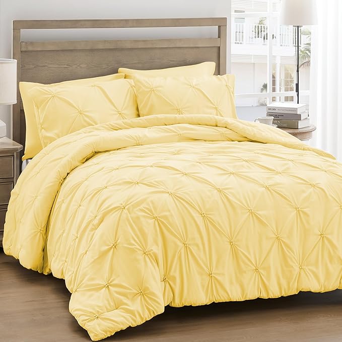 UNIKOME Queen Comforter Set Yellow - Ultra Soft Boho Pintuck Down Alternative Bedding Set for All Seasons, 3 Pieces Lightweight Warm Pinch Pleat Bed Set with Comforter, 2 Pillowcases