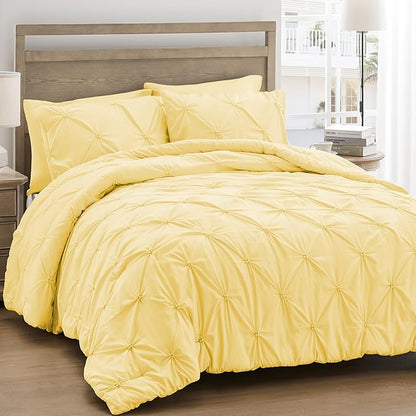 UNIKOME Queen Comforter Set Yellow - Ultra Soft Boho Pintuck Down Alternative Bedding Set for All Seasons, 3 Pieces Lightweight Warm Pinch Pleat Bed Set with Comforter, 2 Pillowcases
