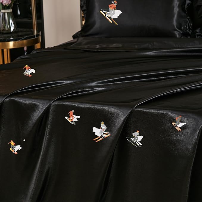 Satin Comforter Set with Sheet Set Full 8 Pcs Silk Like Black Bedding Set Silky Ruffle Pattern Luxury Silky Comforter Set with 1 Cushion Cover