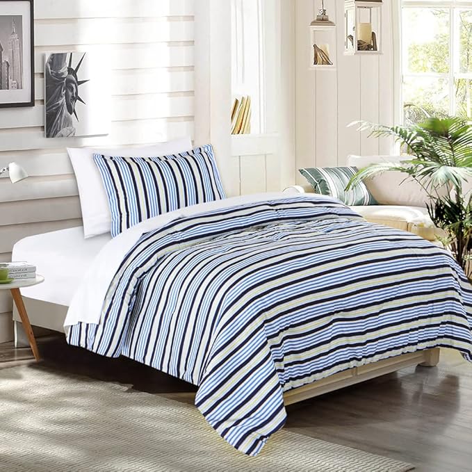 EMME 5-Pieces Bed-in-A-Bag Bedding Comforter Set, Blue Stripe Brushed Microfiber Bed Set with Sheets, Soft Comfortable Down Alternative Comforter Set (5-Piece Twin/Twin XL, Blue Stripe)