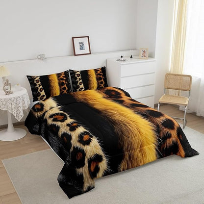 jejeloiu 3D Gold Leopard Bedding Set Full Size Adult Leopard Comforter Set for Boys Girls Animal Print Duvet Set Wild Animal Fur Quilt Set 3Pcs