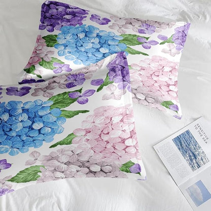Comforter Set King Size, Hydrangea Flower Leaves 7 Pcs Bedding for Kids and Adults, Floral Purple Summer Bed Sheet Sets with Fitted Sheet 2 Pillowcases & 2 Shams for Bedroom Bed Decor