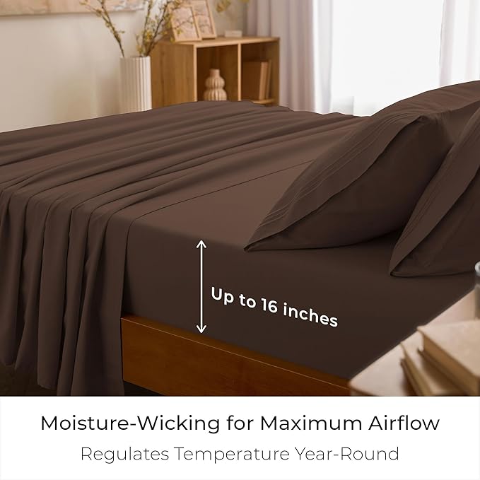 Mellanni King Sheets Set - 4 PC Iconic Collection Bedding - Hotel Luxury, Extra Soft, Cooling Bed Sheets - Wrinkle, Fade, Stain Resistant (King, Brown)