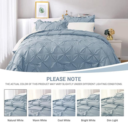 JOLLYVOGUE Light Blue/Ivory Cal King Size Comforter Sets 7 Pieces, Pintuck Bed in a Bag Comforter Set for Bedroom, Bedding Comforter Sets with Comforter, Sheets,Ruffled Shams & Pillowcases