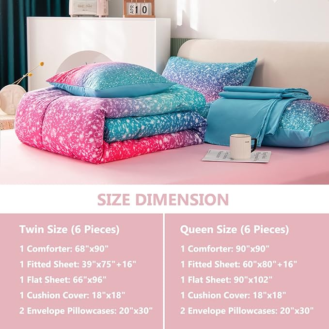 PERFEMET Queen Size Girls Bedding Set 6 Piece Blue Pink Comforter Set Kids Bed in A Bag Colorful Rainbow Glitter Bed Set for Bedroom Decoration Fluffy Tie Dye Teen Girl Bed Comforter Set