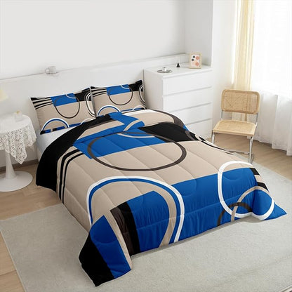 Modern Circles Swirls Comforter Twin Size Geometric Spiral Square Bedding Set Blue Black Grey Comforter Set Abstract Gromment Plaid Quilted Duvet Chic Graphic Texture Artwork Quilt Comforter, 2Pcs