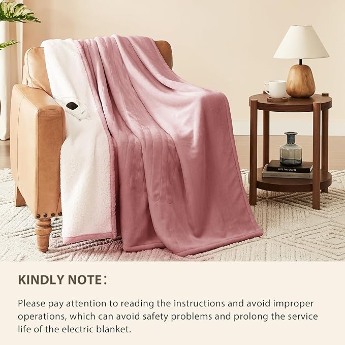 Homemate Electric Heated Blanket Twin Size - 62"x84" Heating Blanket Twin Size 1/2/4/6/8 Hours Auto-Off 10 Heat Level Over-Heat Protection Flannel Sherpa ETL Certification
