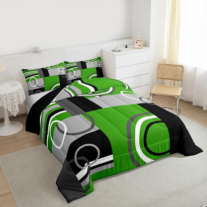 Green Black Grey Bedding Sets Full Swirls Plaid Comforter Bedroom Decor Geometric Circle Striped Duvet Insert Modern Creative Quilt Abstract Fashion Color Bedding Comforter Sets All Season
