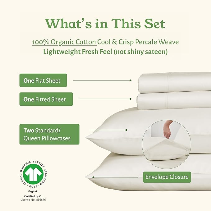 California Design Den Sheets Queen Size Bed Set - Soft 100% Organic Sheets with Deep Pockets, Crisp Percale, Breathable and Durable Bedding Set - Ivory (Cream Tone)