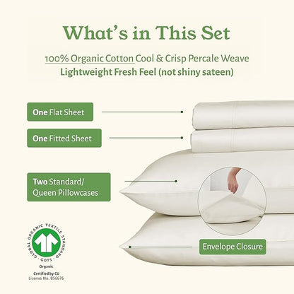 California Design Den Sheets Queen Size Bed Set - Soft 100% Organic Sheets with Deep Pockets, Crisp Percale, Breathable and Durable Bedding Set - Ivory (Cream Tone)