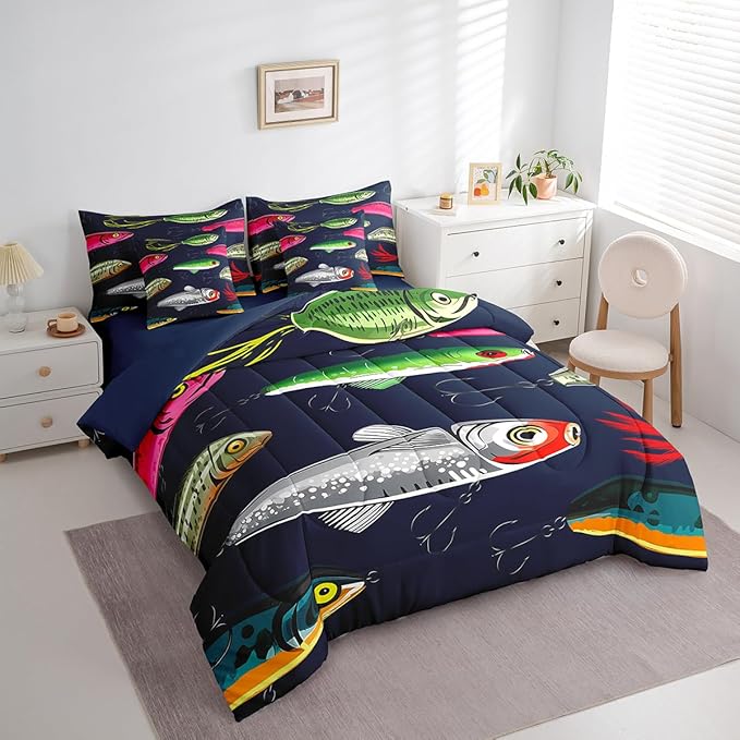 Feelyou Fish Comforter Set King Size 7 Pcs Rustic Lake Fishing Comforter Bed in a Bag Cabin Lodge Bedding Set for Boys Girls Fish Hook Bait Bed Set with Sheets, Pillowcases, Pillow Covers