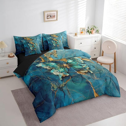 Erosebridal 7 Piece Boho Butterfly Twin Bedding Sets for Girls Women,Teal and Gold Marble Comforter Set Reversible,Gradient Abstract Bed in a Bag with Fitted Sheet,Flat Sheet,Pillowcases & Shams