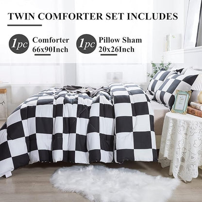 Andency Checkered Comforter Twin(66x90Inch), Black White Plaid Gingham Bed Set for Teen Boys Kids, Lightweight Microfiber Geometric Preppy Bedding, 2 Pieces