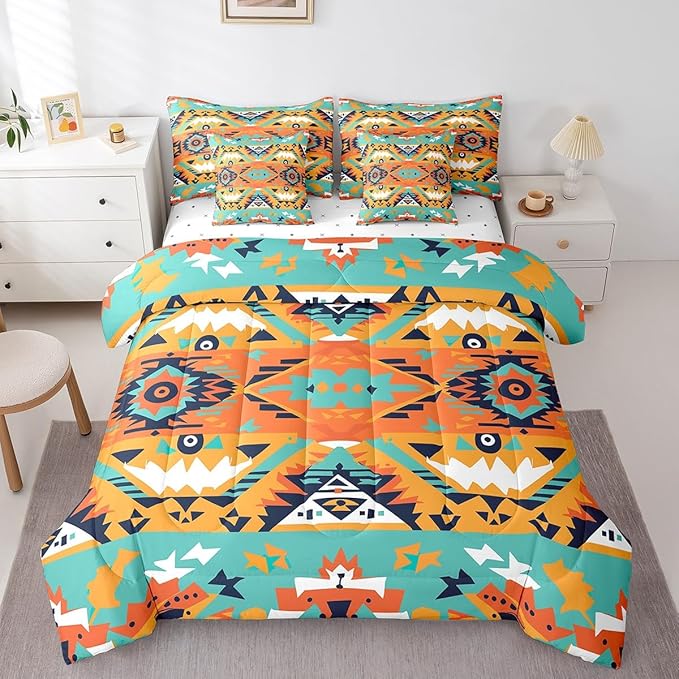 Erosebridal Aztec Bed in a Bag Queen Comforter Set 7 Piece,Indian Tribe Geometric Bedding Sets Southwestern Native Sheet Set with Comforter