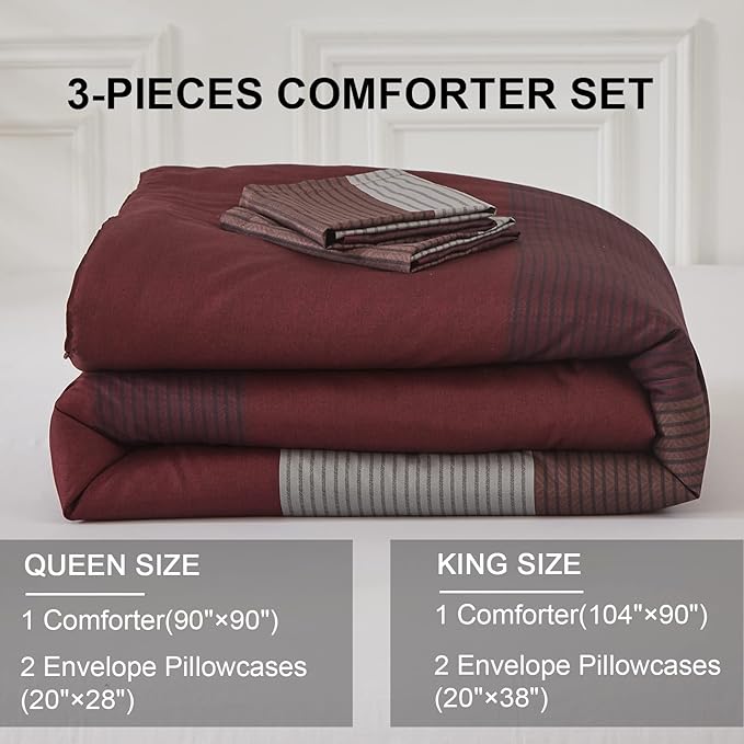 WONGS BEDDING Burgundy Comforter Set King, Reversible Burgundy Stripe Down Alternative Comforter for All Season,3 Pieces(1 Comforter+2 Pillowcases), Soft Microfiber Bedding Duvet Set 104”×90”