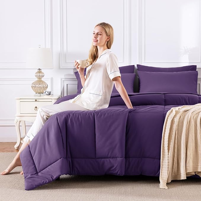 CozyLux Queen Comforter Set Purple, 7 Pieces Bed in a Bag, Purple Comforter Queen Size, All Season Bedding Sets with Stitch Quilted Comforter, Flat Sheet, Fitted Sheet, Pillowcases