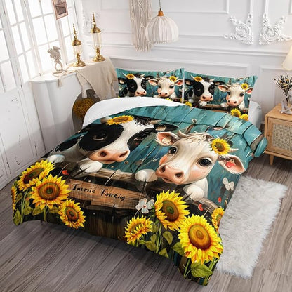 Cute Cow Print Comforter Set Queen Size Sunflower Highland Cow Bedding Set Farm Animals Cow on Fence Quilt Bed Set with 1 Comforter and 2 Pillowcases for Kids Boys Girls Room Decor, D-cow2