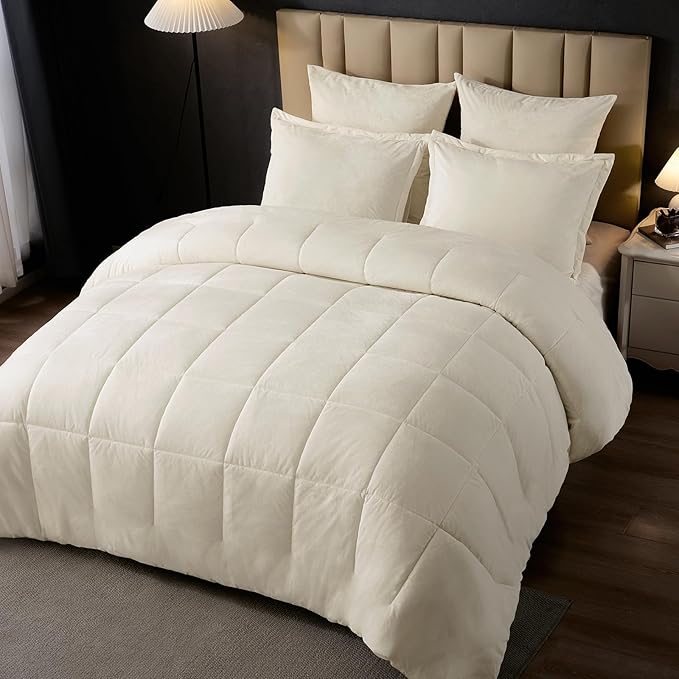 PHF Double-Sided Velvet Comforter Set Queen Size, 5 Piece Soft Luxury Winter Warm Bedding Sets, Modern Bed in A Bag Including 1 Cozy Comforter, 2 Pillow Shams, 2 Euro Shams for Home Decor, Cream