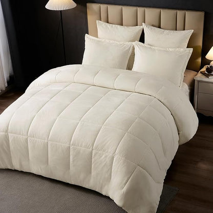 PHF Double-Sided Velvet Comforter Set King Size, 5 Piece Soft Luxury Winter Warm Bedding Sets, Modern Bed in A Bag Including 1 Cozy Comforter, 2 Pillow Shams, 2 Euro Shams for Home Decor, Cream