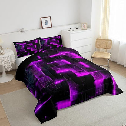 Black Purple Abstract Comforter Twin Gradient Square Twin Bedding Set, Grid Down Comforter Neon Checkered Bed Set Glowing Plaid Quilted Duvet 3D Modern Bedroom Decor 2pcs (Black Reversible)