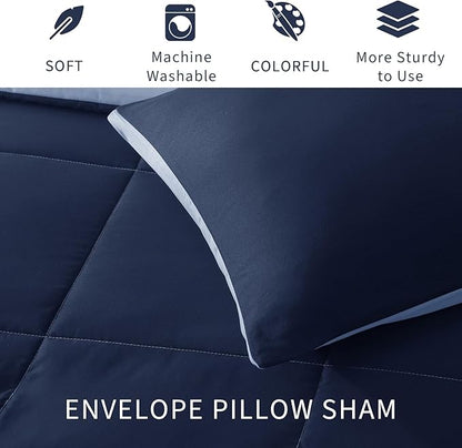 Exclusivo Mezcla Lightweight Reversible Twin Size Comforter Set, Down Alternative Comforter with 1 Pillow Sham, Twin Size Bedding Set for All Seasons, Navy/Blue