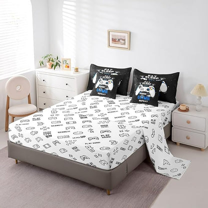 jejeloiu Eat Sleep Game 7 Piece Bedding Set King Size Cartoon Gamer Comforter Set with Sheets for Kids Boys Girls Modern Game Bed in a Bag Black Blue Bed Set