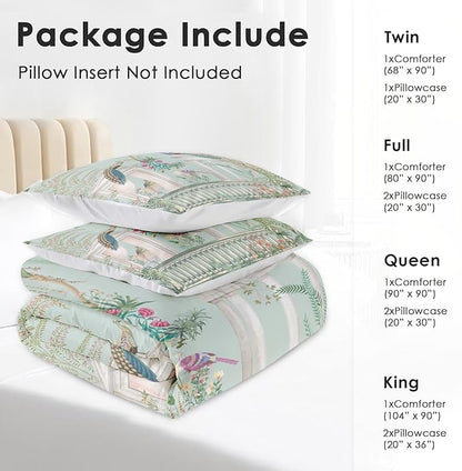Comforter Set Twin Size, Peacock Plant Bird 2 Pcs Soft Bedding Set for Kids and Adults, Floral Tree Green Comforter Set with Pillowcase, for Bedroom Bed Decor