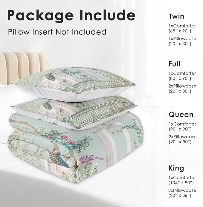 Comforter Set Full Size, Peacock Plant Bird 3 Pcs Soft Bedding Set for Kids and Adults, Floral Tree Green Comforter Set with 2 Pillowcases, for Bedroom Bed Decor