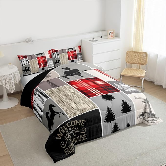 Erosebridal Cabin Rustic Lodge Comforter Set, Horseshoe Horse Quilt Full Size for Kids Boys Men Bedroom Decor,Country Windmill Down Comforter Retro Farmhouse Grid Patchwork Bedding, 2 Pillow Cases