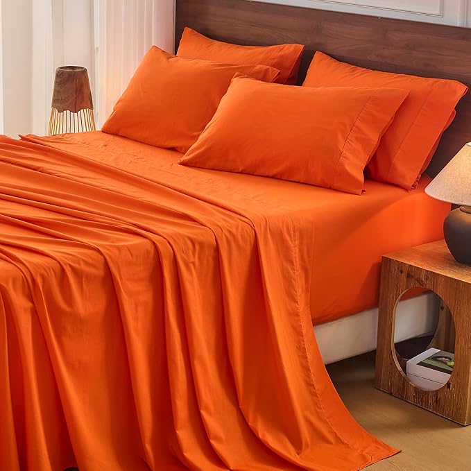Bedlifes 100% French Flax Linen Sheets Set King Size - 6 Piece Extra Deep Pocket 18-24",Soft Breathable King Bed Sheets with Temperature Regulating & Moisture-Wicking(Orange