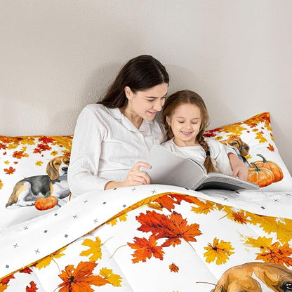 Fall Pumpkin Comforter Set Retro Watercolor Sausage Dog Quilted Duvet King Thanksgiving Harvest Seasonal Bedding Set For Kids Boys Girls,Happy Fall Maple Leaf Soft Lightweight Comforter Orange 3 Pcs