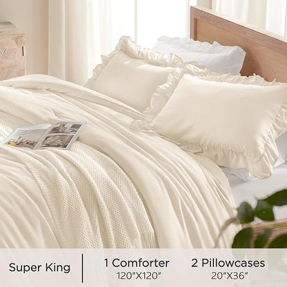 Andency Oversized King Ruffle Comforter Set 120x120, 3 Pieces Beige Lightweight Fluffy Super King Bedding Set, Shabby Chic Famhouse All Season Bed Set for Girls Women