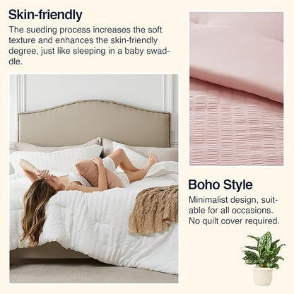 Pink King Comforter Set - 3 Pieces Seersucker Lightweight Bedding Comforter Sets (1 Soft Fluffy Comforter & 2 Pillowcases) - All Seasons Cozy Cute Bed Sets for Women Girls