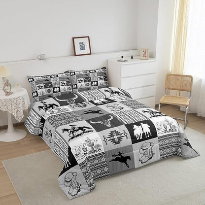 Southwestern Comforter Set,Cowboy Bedding Sets 3Pcs for Boys Girls Adult Room Decor,Aztec Boho Tribal Striped Quilt Set Bull Skull Cowboy Boots Print Black Grey Grid Duvet Insert Queen Size