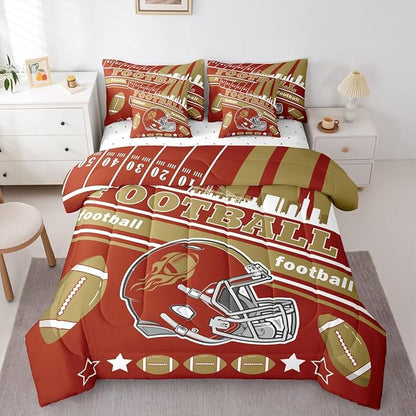 Feelyou Football 7 Pieces Comforter Sets King Size Kids Rugby Sports Bedding Set for All Season Football City Bed in a Bag with Comforter, Sheets, Pillowcases & Cushion Cover